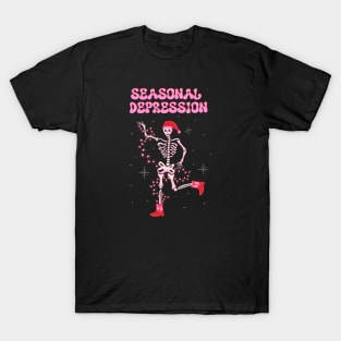 Seasonal Depression xmas art, Dancing skeleton in santa hat Christmas illustration T-Shirt